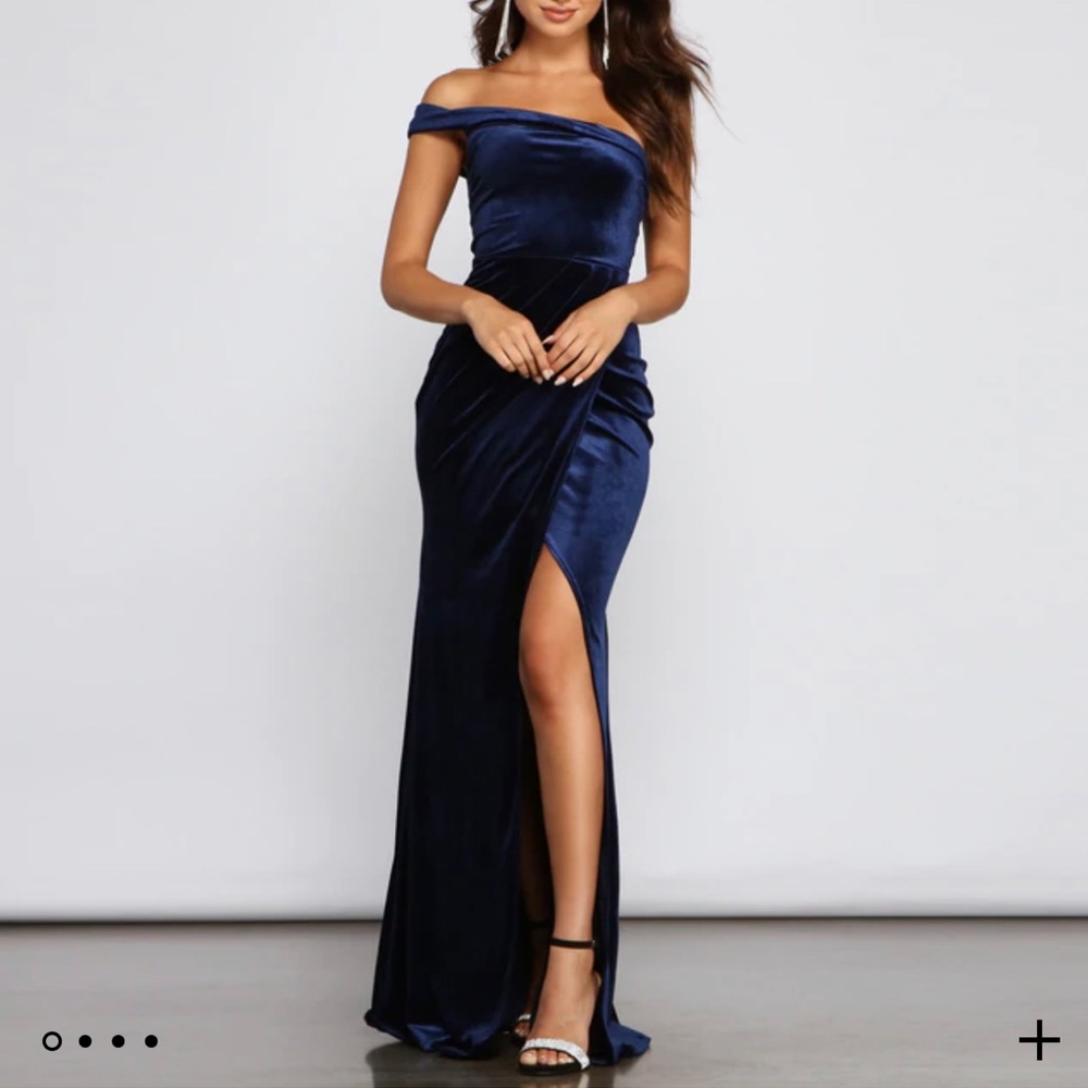 Windsor Navy Blue Velvet dress off shoulder